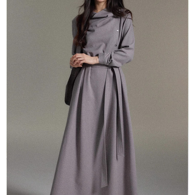 Elegant Vintage High Collar Side Button Design Waist Cinching Slimming Midi Cotton Dress Women Long Sleeve Autumn Clothes