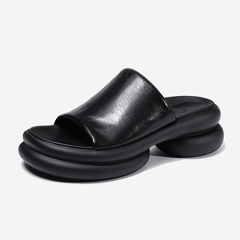 Leather Peep Toe Soft High Heels Slingback Mules Office Lady Casual Slip On Party Concise Platform Women Sandals