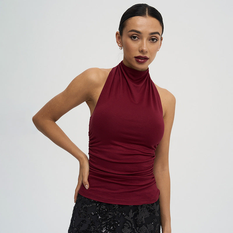 Solid Halter Top For Women Backless Sleeveless Pleated Vest Top Summer Sexy Female Fashion Elegant Slim Top Women