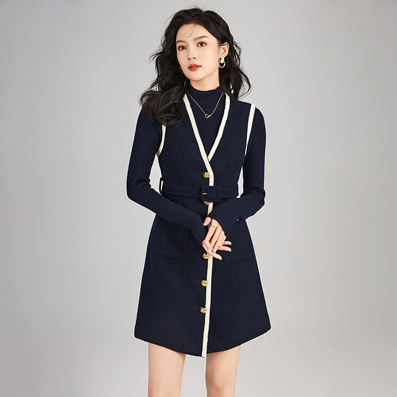 Metallic Button V-Neck Black Slimming Knit Dress For Women Autumn/Winter Season