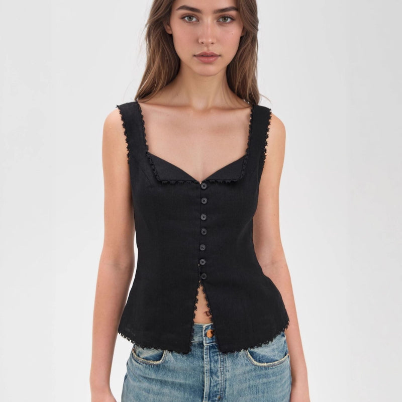 2025 Women's Vintage Cotton Hemp Lace Splice Fashion Buckle Strap Solid Sleeveless Vest Top