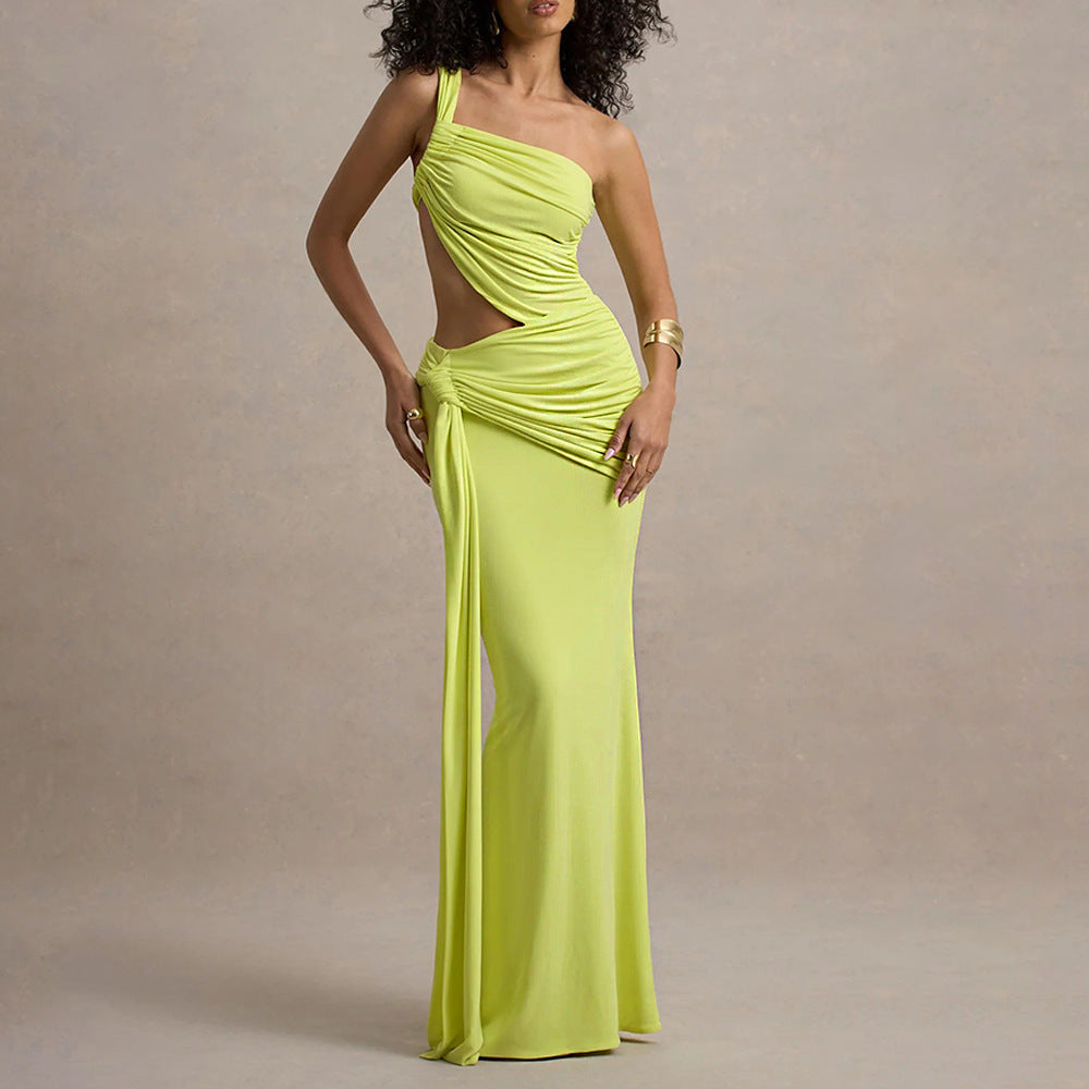 Sexy Maxi Dress for Women Gown Hollow Out One Shoulder Sleevelessdraped Bodycon Club Party Long Dress