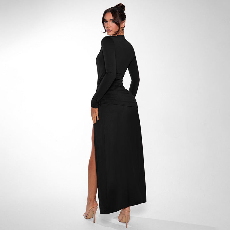 Womens Dresses Sexy Deep V Long Sleeve Solid Color Slim Fit Split Dress Elegant Evening Dress Party Dress Fashion Commuter Dress