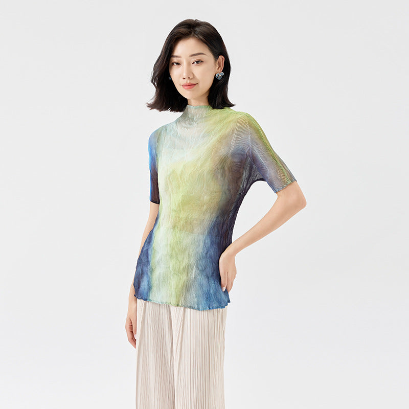 Pleated T-shirt Women Long Sleeve Light Base Shirt Fashion Gradient Personality Versatile Tops