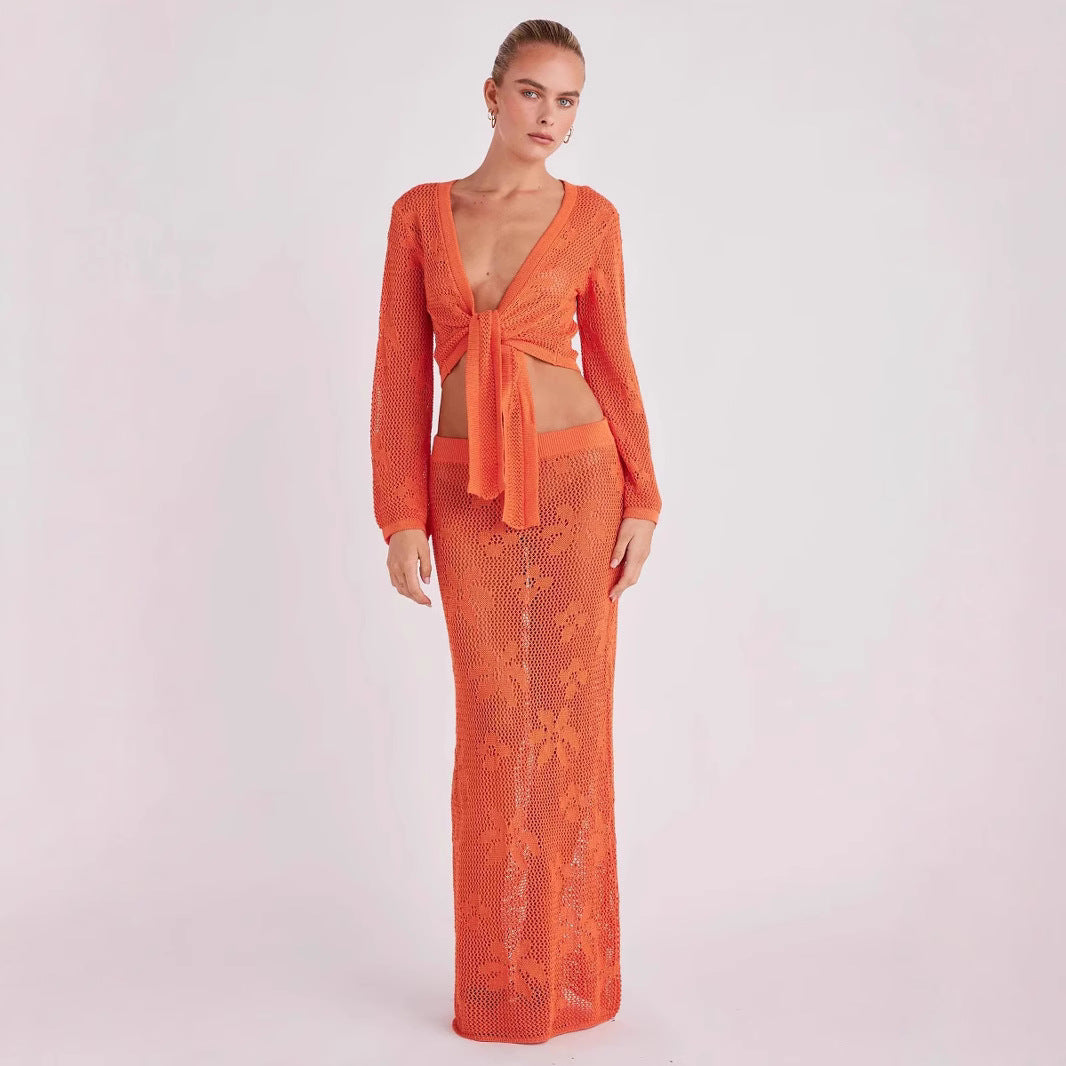 Jacquard Knitted Hollow Out Holiday Beach 2 Piece Set Women Solid Lace Up Long Sleeve Cardigan Crop Tops + Long Skirts Cover Ups