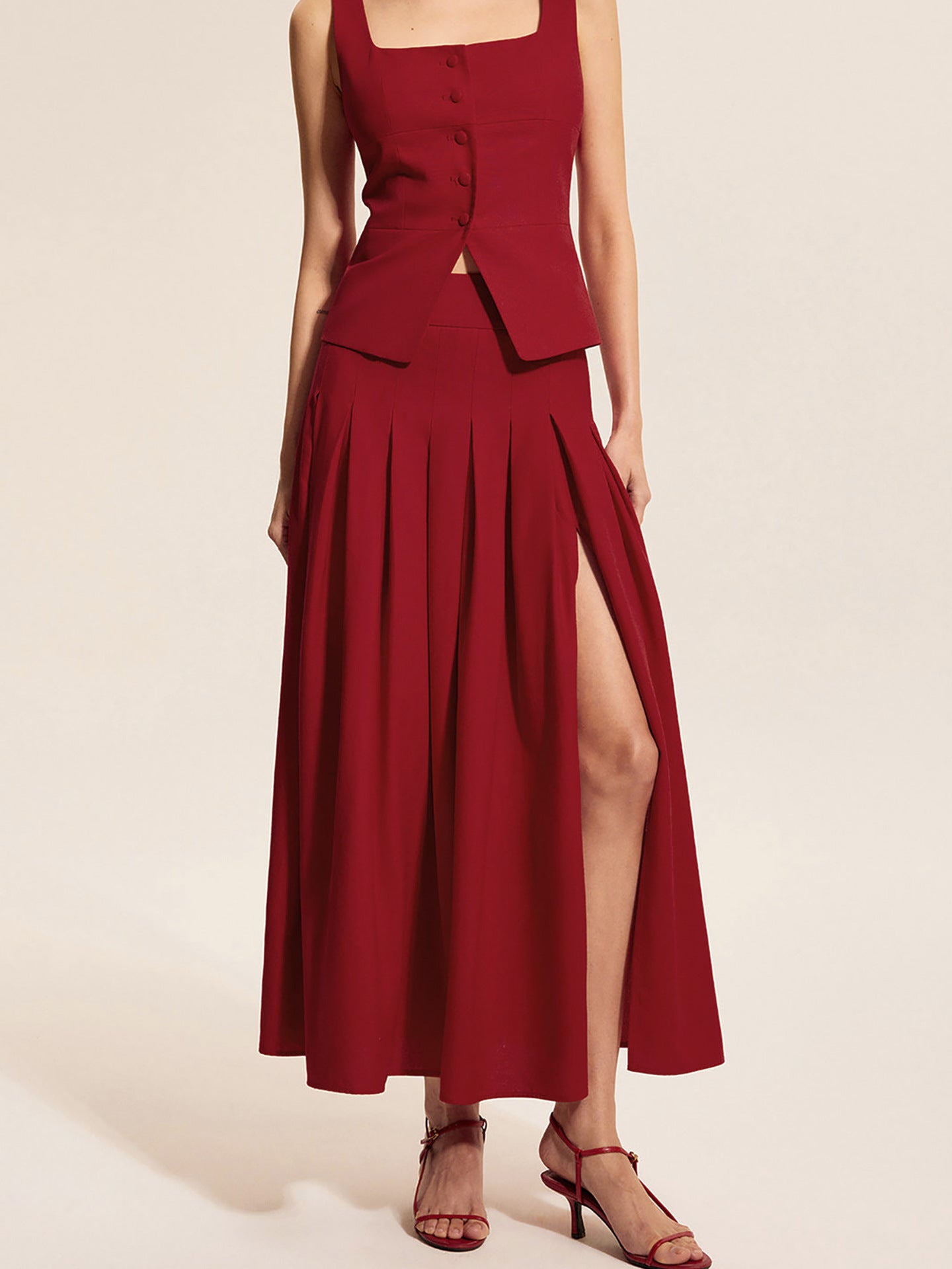 Chic Square Neck Single Breasted Top Skirt Set Women Elegant Sleeveless Vest Pleated Shirt Skirts Suit Lady Summer 2 Piece Sets