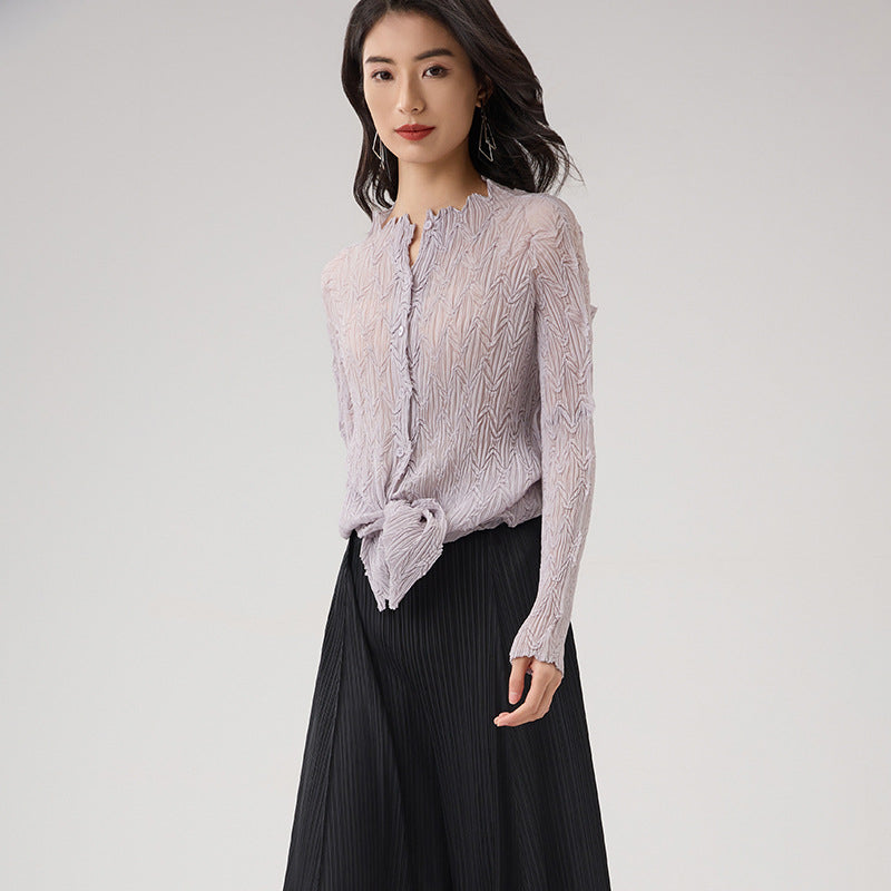 New Lightweight Breathable Cardigan Single Breasted Pleated Shirt Women's Slim Fit Long Sleeve Chiffon Top