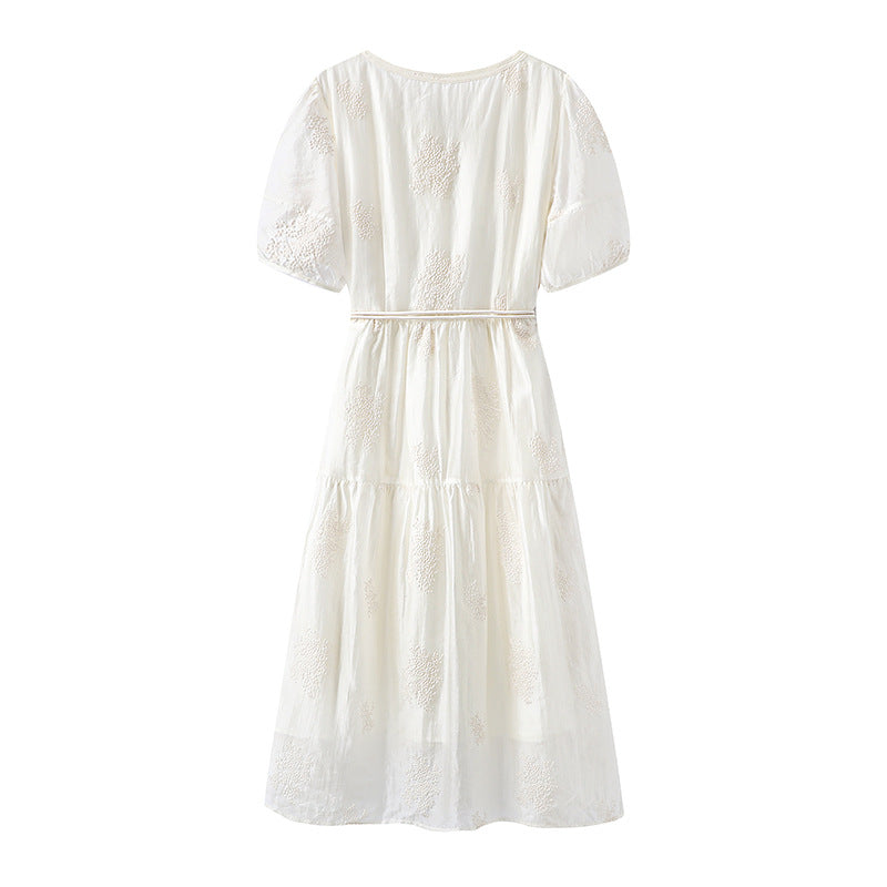 Summer New Vintage Elegant Soft Waist-Fitted Slimming Petite Long Dress White Lace Dresses Fresh Style