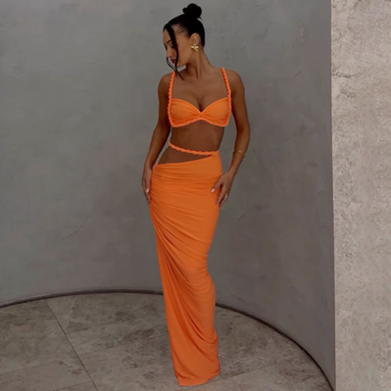 Woven Matching Women 2 Piece Sexy Vacation Outfits Pleated Crop Camis+Shirring High Waist Maxi Skirts