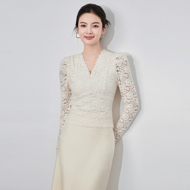 Women Chic T-Shirts Girl Tees Fashion All-Match Elegant Lace Mesh Long Sleeve Slim Top