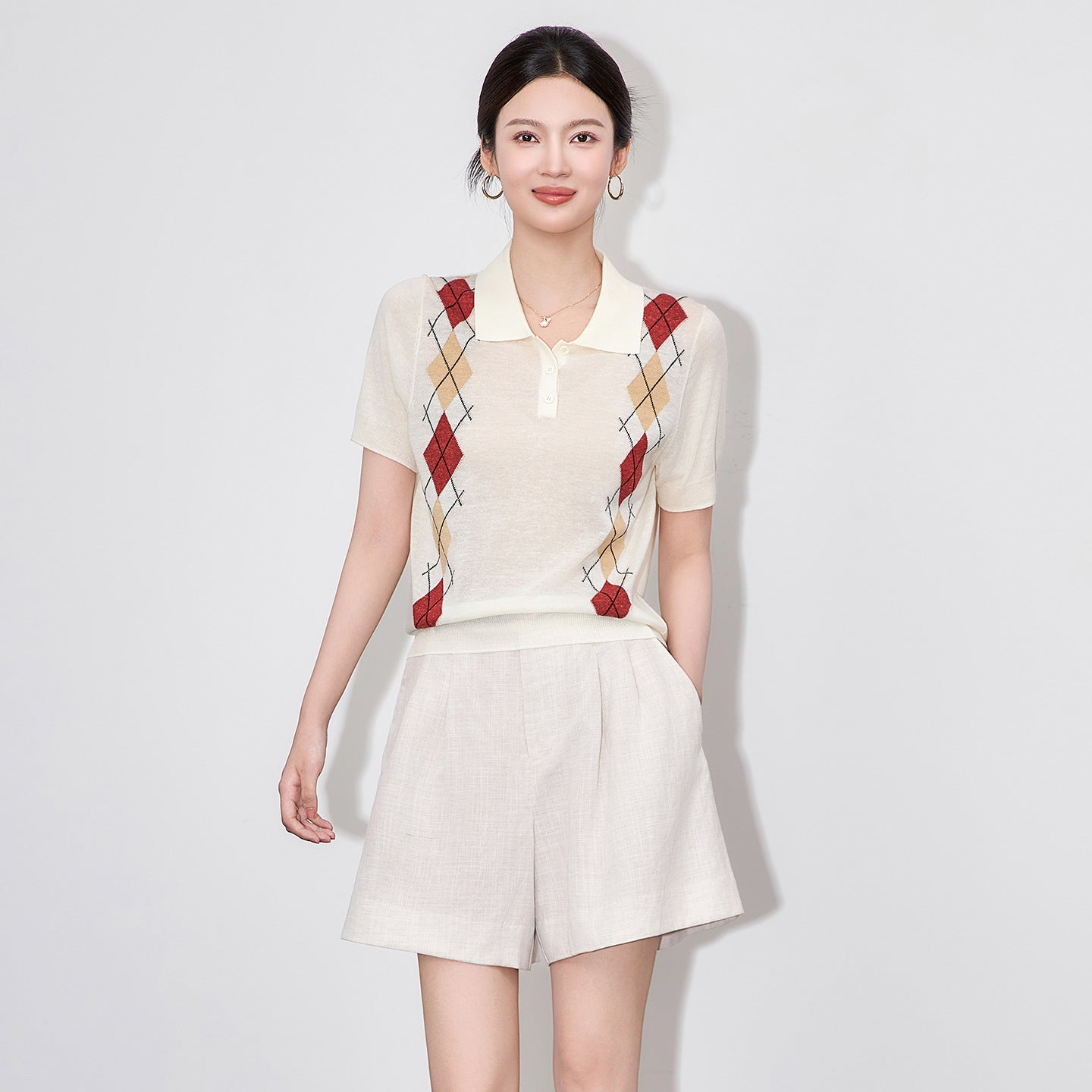 New Arrival Women's irt Knitted ort Sve Turn-down Collar Diamond Pattern Briti College Sle Polyester