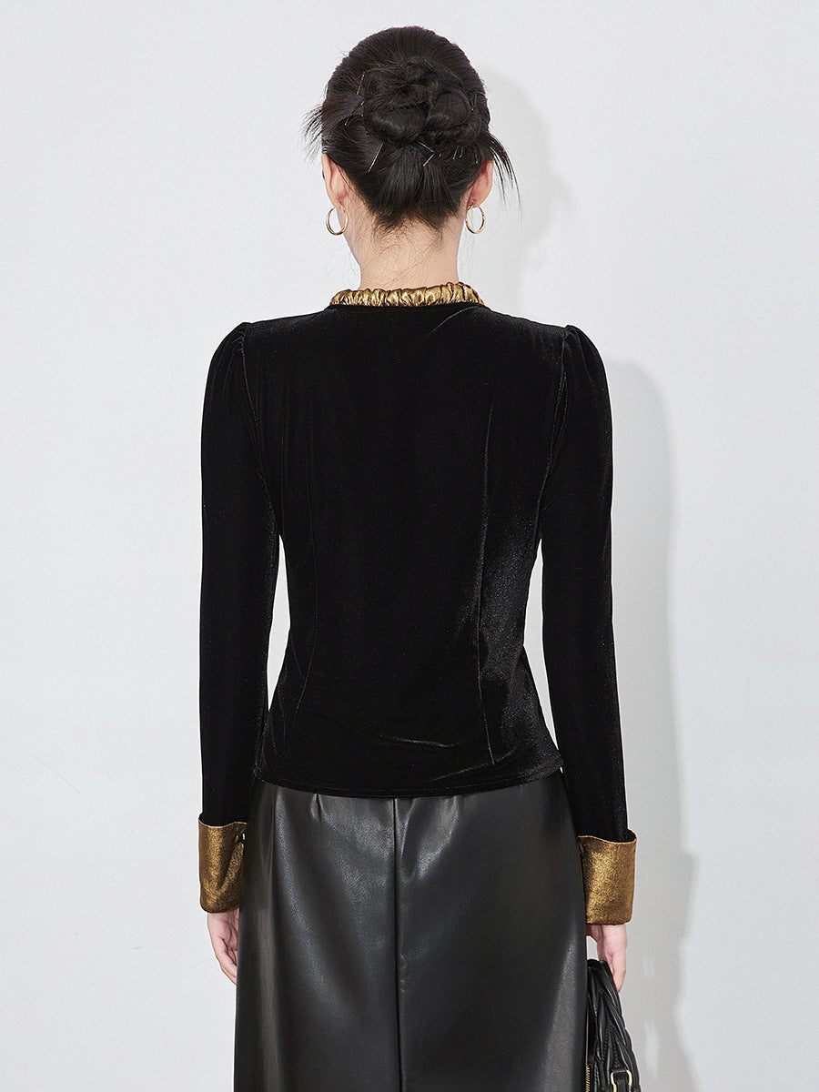 Women Bowtie collar Elegant Basic Blouse Spring Autumn Fashion Gold Velvet Shirt Long Sleeve Pullover Tops Women's Clothing
