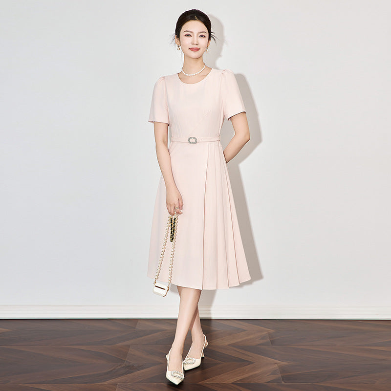 Slimming Effect Waist-Cinching Draped Commute Ready Elegant New Women's Dress Knee-Length round Neck Short Sleeve Dress