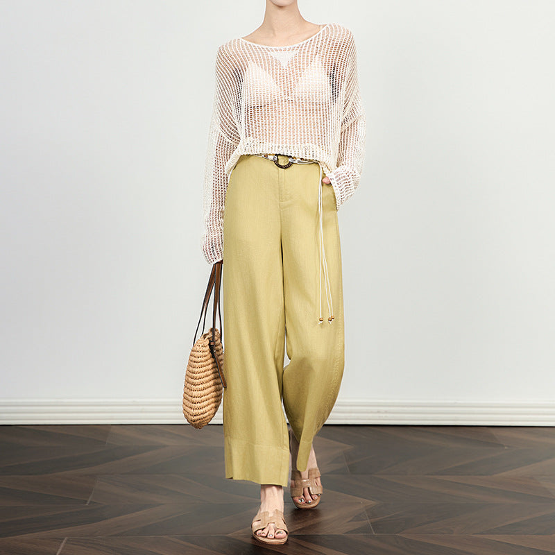 New Women's Fashion Stylish Belted Satin Texture Wide-Leg Pants