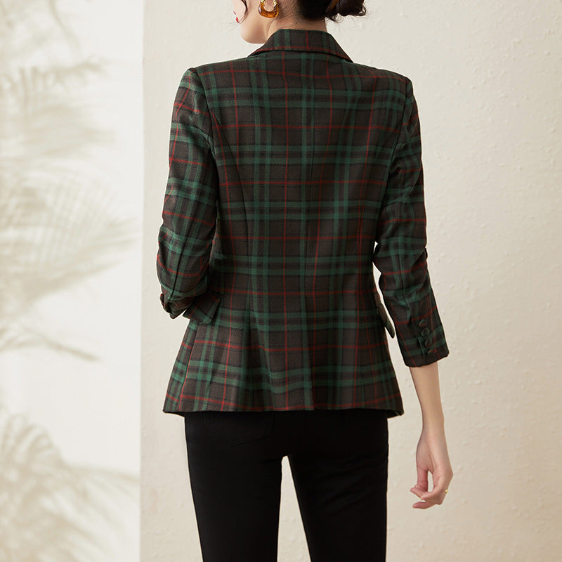 Ladies New Cotton Linen Plaid Suit jacket Spring Autumn Leisure Slim Long Sleeve Short Ladies Small Suit Temperament Suit Jacket