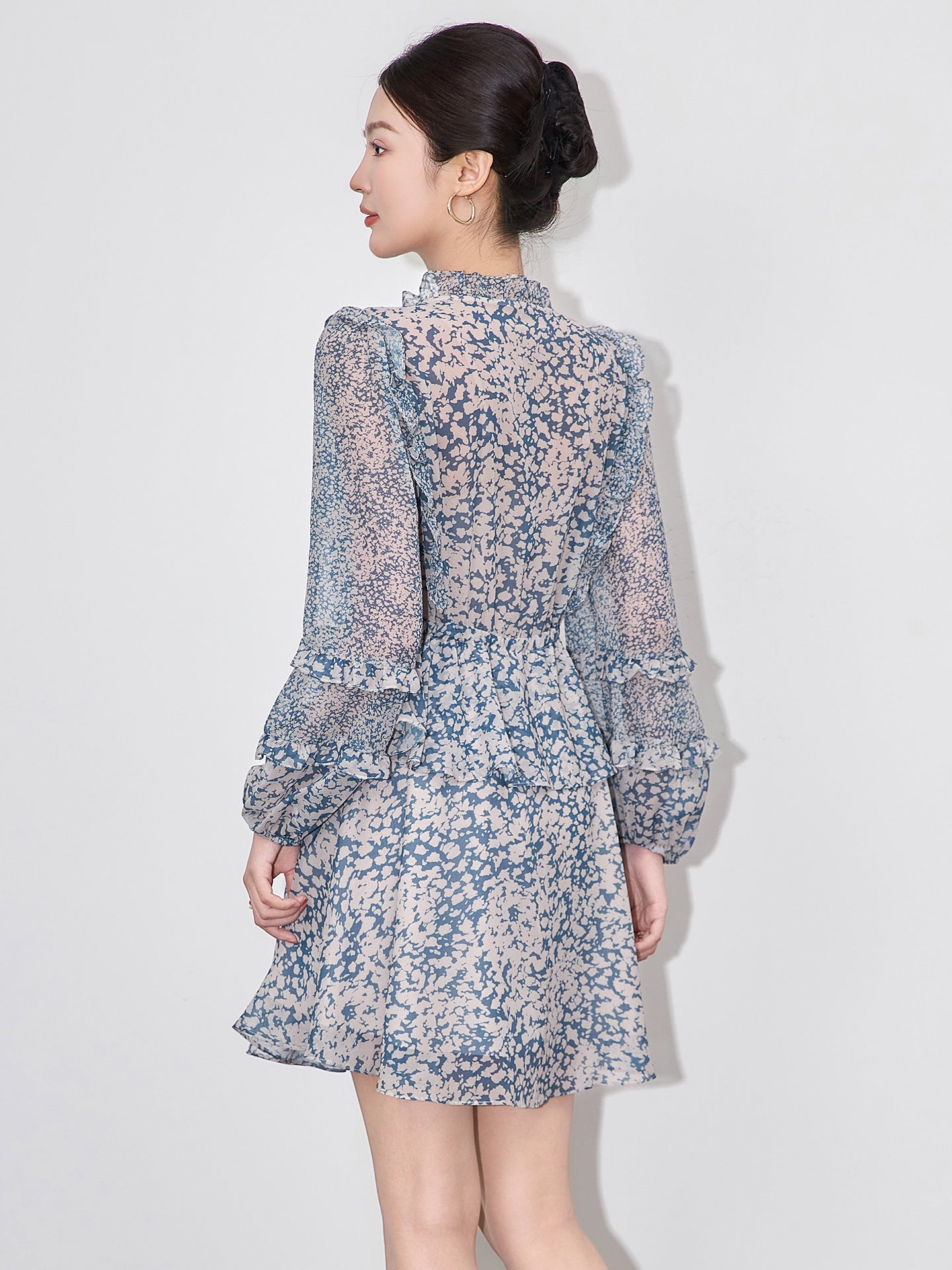 Women 100%Real Silk Elegant Dress, Long Sleeve V Neck Print, Beach Vacation Mini Dresses
