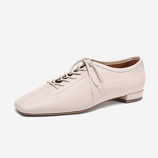 Genuine Leather Lace-up Women Heels Shoes Square Toe Comfortable Fashion Casual Low Heel Shoes Four Seasons Shoes