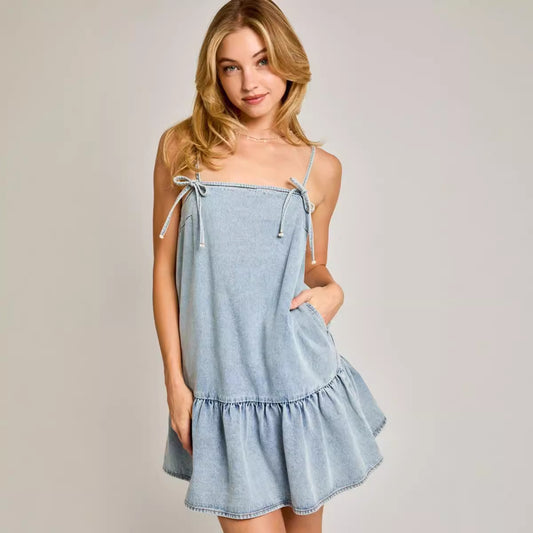 High Waist Slim Fit Women Lace-up Suspenders Denim Dresses Backless Zipper Splice Dress