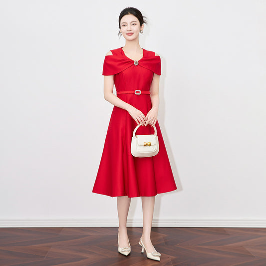 Elegant Women's Special Occasion Prom Party Dresses Women 2025 Spring Summer Off The Shoulder Midi Dress Red Black Vestidos