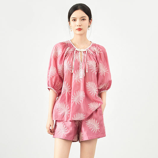 100% Silk Women's Blouse O Neck Half Sleeves Printed Elegant Fashion Casual Summer Blouses