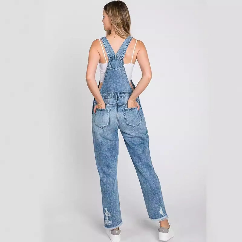 Denim Jumpsuit Vintage Blue High Waist Skinny Overalls For Women Loose Strap Straight Jumpsuit With Pockets