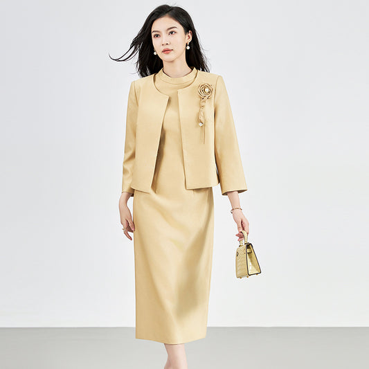 Autumn New 2024 Elegant Dresses for Women Designer Full Sleeve Short Jacket Top+Short Sleeve Dress 2 Piece Suit Yellow Vestidos