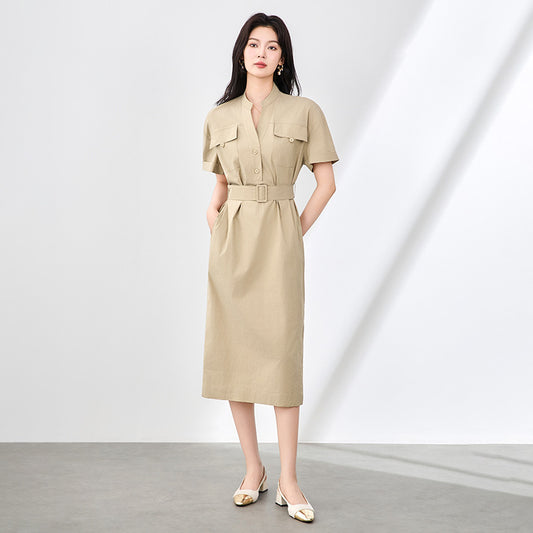 Retro Workwear Dress High Waist Slimming Short Sleeve Midi Shirt Dress Commute Friendly Nylon V Neck Knee Length