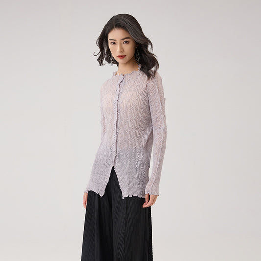 New Lightweight Breathable Cardigan Single Breasted Pleated Shirt Women's Slim Fit Long Sleeve Chiffon Top