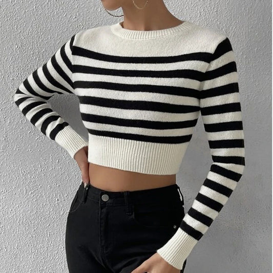 Female Casual Clothing Women's Stripe Crop Knit Top Temperament Commuting Spring New Woman Fashion Long Sleeve Knitted Pullovers