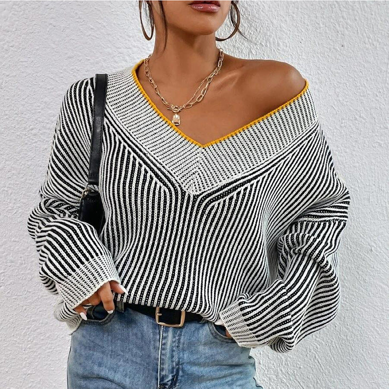Women Sweaters Striped Knit Long Sleeved V Neck Pullovers Solid Patchwork Loose Jumpers Casual Elegant Lady Streetwear