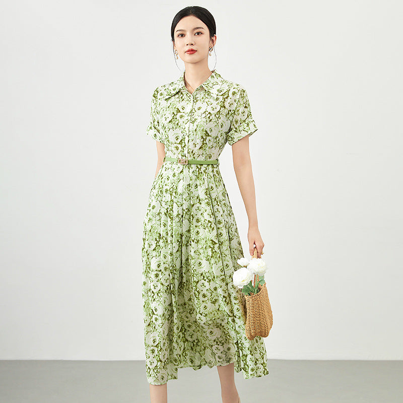 Elegant Floral Print Cotton Linen Long Dress Slimming Vintage Summer New Style Women's Fashion Dress Princess Sleeve Polo Neck