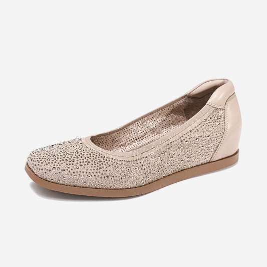 New Women's Shoes in Apricot Color with Bright Starry Mesh Fabric Ballet Flat Shoes Round Toe Shallow Mouth Single Shoes