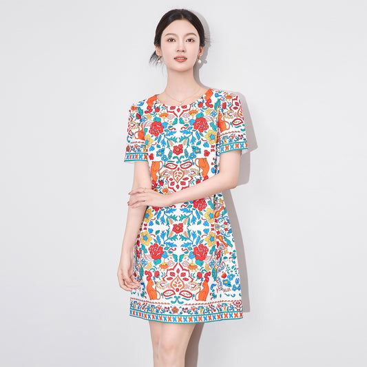 Women Casual Beach Summer Dress Boho Tassel Tie Neck 3/4 Long Sleeve Short Floral Print Flowy Cover Up Sundresses