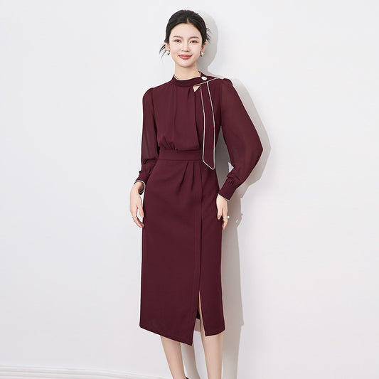 Black Patchwork Mesh Long Sleeve Midi Dress Autumn Winter Pleated Bodycon Prom Clothes Women Korean Vintage Luxury Vestidos