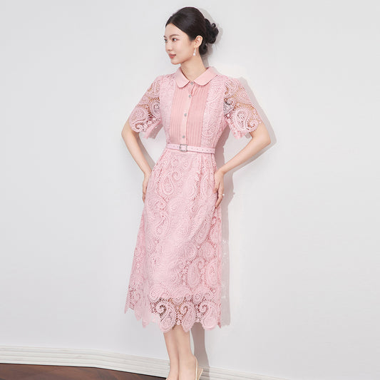 Elegant Commuter Lace Dress Doll Collar Short Sleeve Single Breasted High Waist Belt Slim A-line Long Dress Women Summer