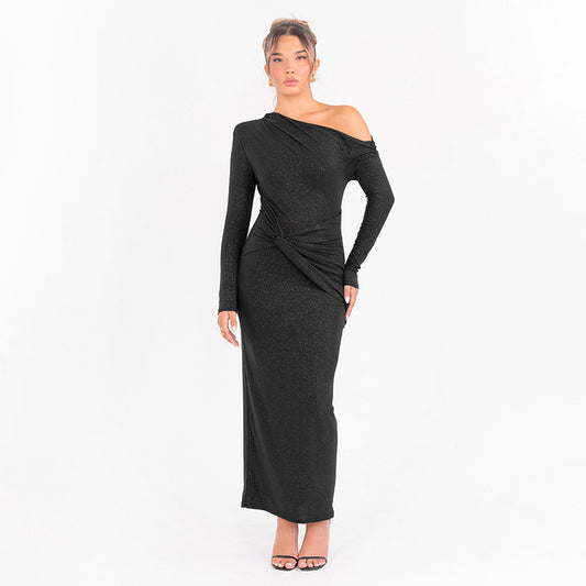 One-Shoulder Sequins Pleated Women's Evening Dress Backless High Waist Prom Skirt Multiple Colours Sheath Slim Party Gown Newest