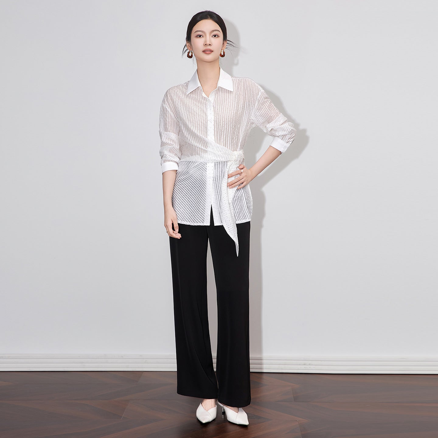 Women's Light Luxury Striped Tencel Blend Waist Cinching Crystal Embellished Unique Design Blouse Top