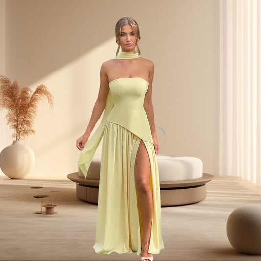 Shoulder Sexy Maxi Dress for Women Gown Patchwork Scarf Collar Thigh High Split Club Party Long Dress