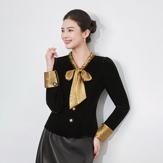 Women Bowtie collar Elegant Basic Blouse Spring Autumn Fashion Gold Velvet Shirt Long Sleeve Pullover Tops Women's Clothing