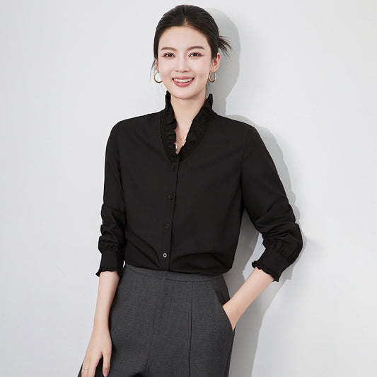 Lace Ruffles Chiffon Shirts Women's Clothing 2025 Autumn Winter New Office Lady Long Sleeve Pullovers Vintage Elegant Blouse