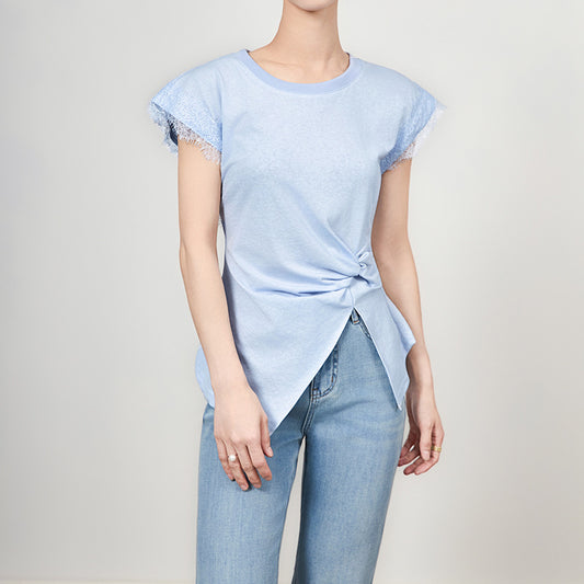 Summer Fashion Cotton Women T Shirt Short Sleeve Lace Patchwork Casual Tees Solid Basics Going Out Female Tops