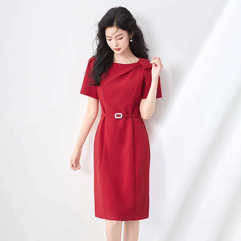 Elegant Bow Office Dress Women Designer Fashion Short Sleeve Belted Solid Red Party Knee Length Dresses Female Robes