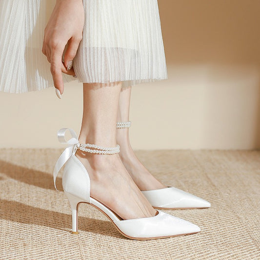 White Ankle Pearl Strap Strappy Design Fashion High Heels Women Pumps Stiletto Sexy Dress Wedding Bridal Shoes Dress Shoes