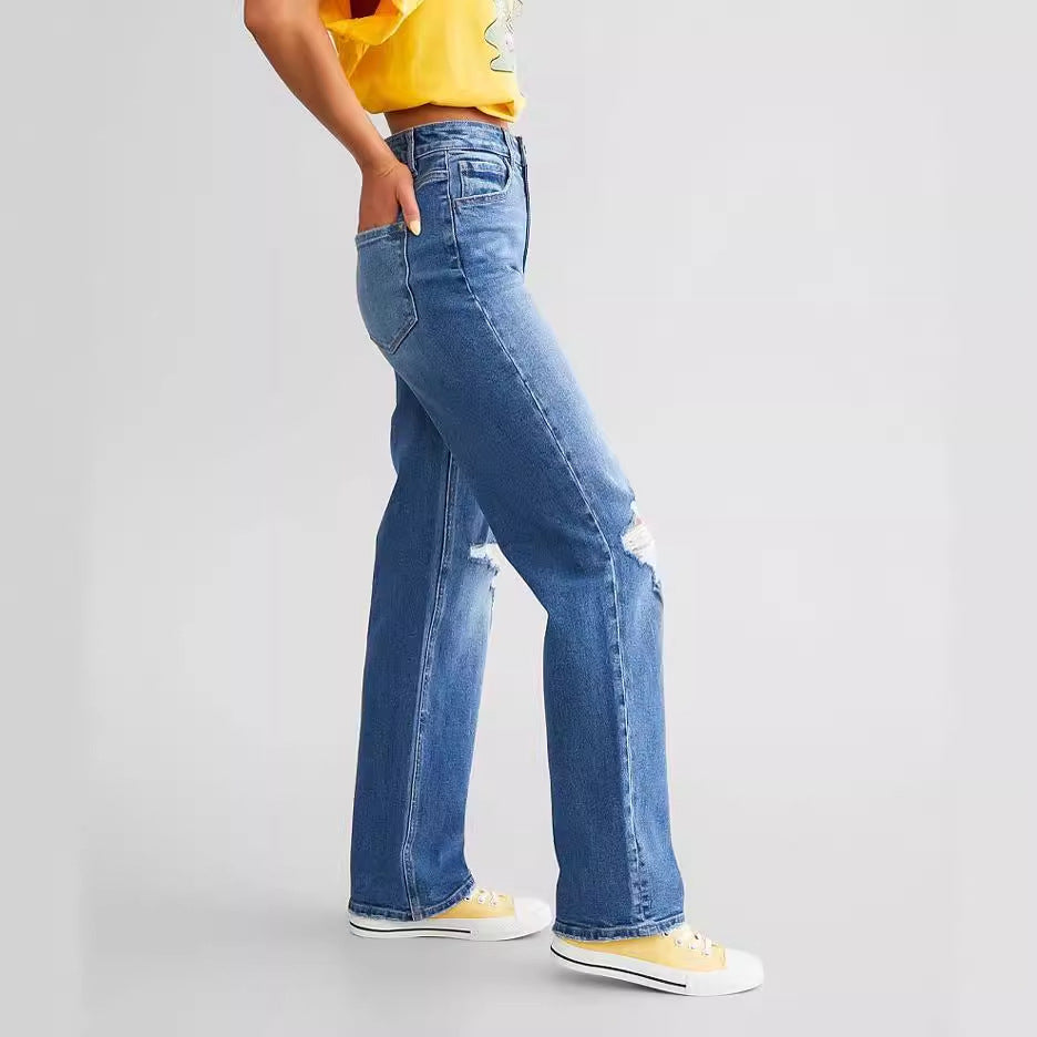 Woman High Waist Elastic Pants Female Casaul Slim Fit Ripped Jeans Girls Fashion Streetwear Dark Blue Light Blue Denim Trousers