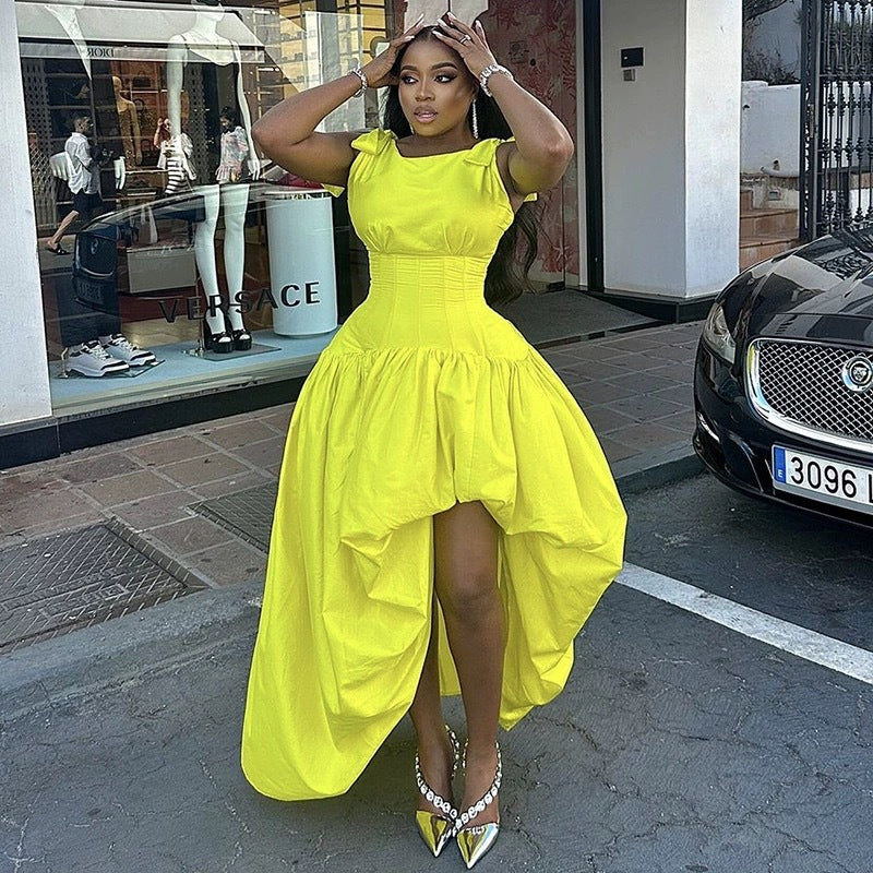Women Sleeveless Strap Bow Bubble Long Maxi Dress 2025 Holiday Beach Irregular Evening Sexy Girl Party Dresses Vestidos