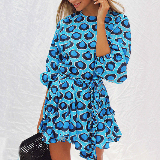 Summer Polka Dot Puff Long Sleeve A-line Dress Elegant O Neck High Waist Lace-up Dress Fashion Temperament Ruffles Short Dresses