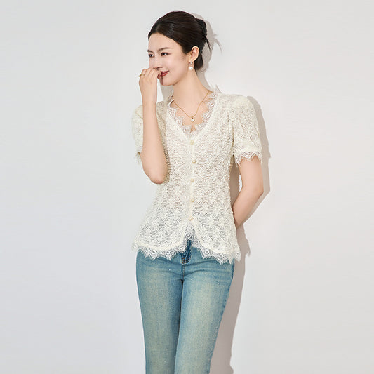 Female T-shirt Spring Summer V-neck Woman S-3XL Sleeveless Mesh Tank Tops Lace Embroidered Flares Charming