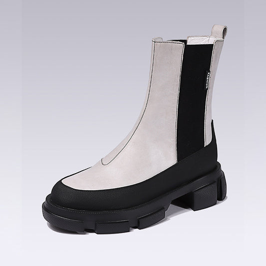 Lacer-up Thick Bottom Short Boots Women Cow Suede Elastic Band Splicing Ankle Botas Autumn Winter Chelsea Boots