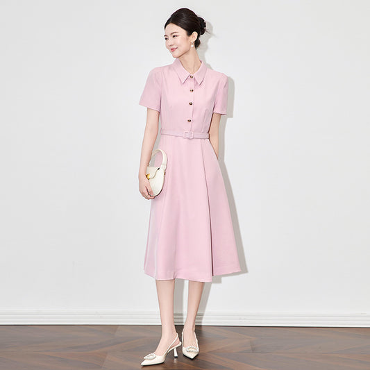 Women Elegant Brief Style Turn down Collar Summer Midi Dress Short Sleeve Solid Pink Black A-Line Casual Office Dress