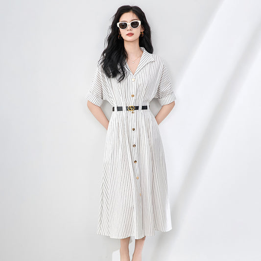 Chic Sweet Button up Collar Striped ort Sve Elastic Waist Bubble Sve irt Dr Commute Sle Single Piece Chinese O...